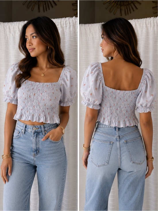 Altar'd State Tops - Altar'd State Light Blue Floral Smocked Puff-Sleeve Crop Top